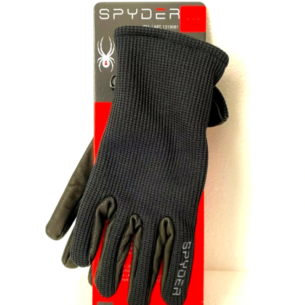 NWT Spyder Black Leather Palm Stretchable Gloves - Size MEDIUM